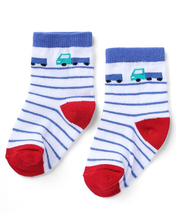 Cute Walk by Babyhug Non Terry Knit Anti-bacterial Ankle Length Striped Socks  With Vehicle Design Pack of 3 - White & Blue