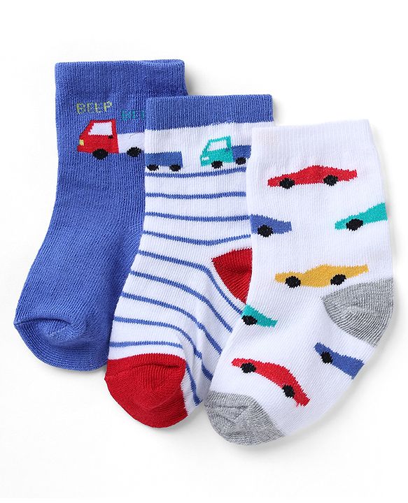 Cute Walk by Babyhug Non Terry Knit Anti-bacterial Ankle Length Striped Socks  With Vehicle Design Pack of 3 - White & Blue