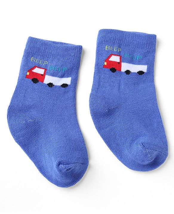 Cute Walk by Babyhug Non Terry Knit Anti-bacterial Ankle Length Striped Socks  With Vehicle Design Pack of 3 - White & Blue