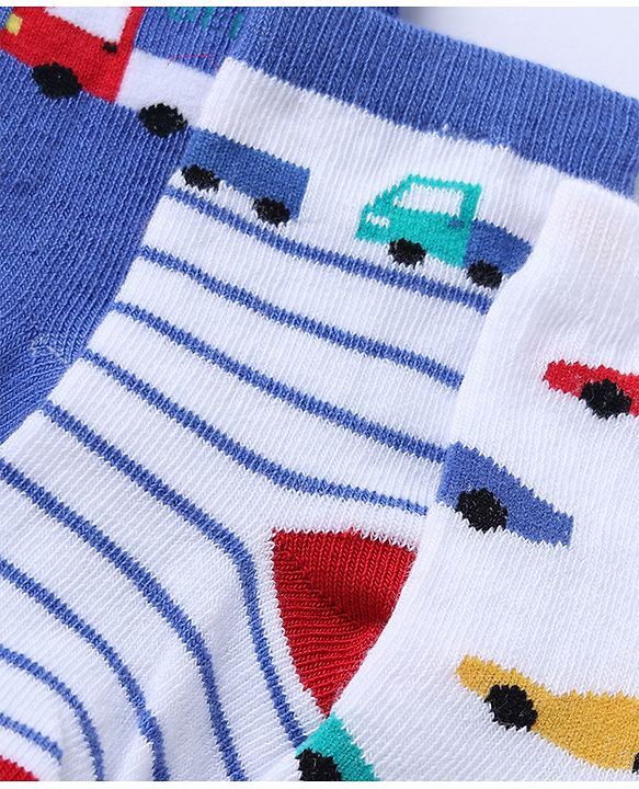 Cute Walk by Babyhug Non Terry Knit Anti-bacterial Ankle Length Striped Socks  With Vehicle Design Pack of 3 - White & Blue