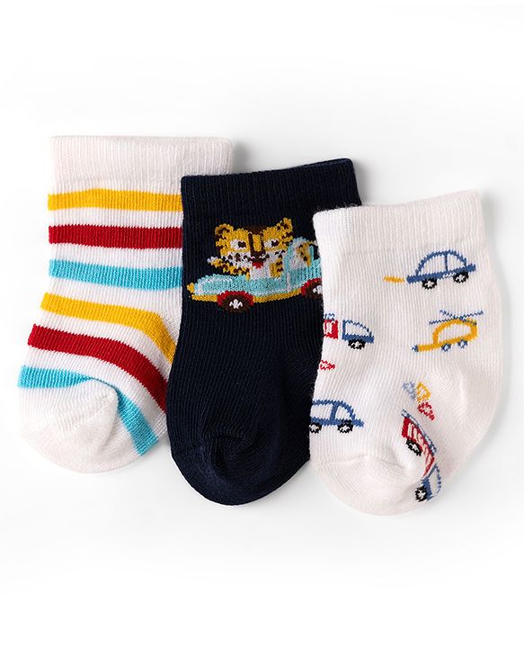Cute Walk by Babyhug Non Terry Knit Anti-bacterial Ankle Length Striped Socks With Vehicle Design Pack of 3 - White & Black