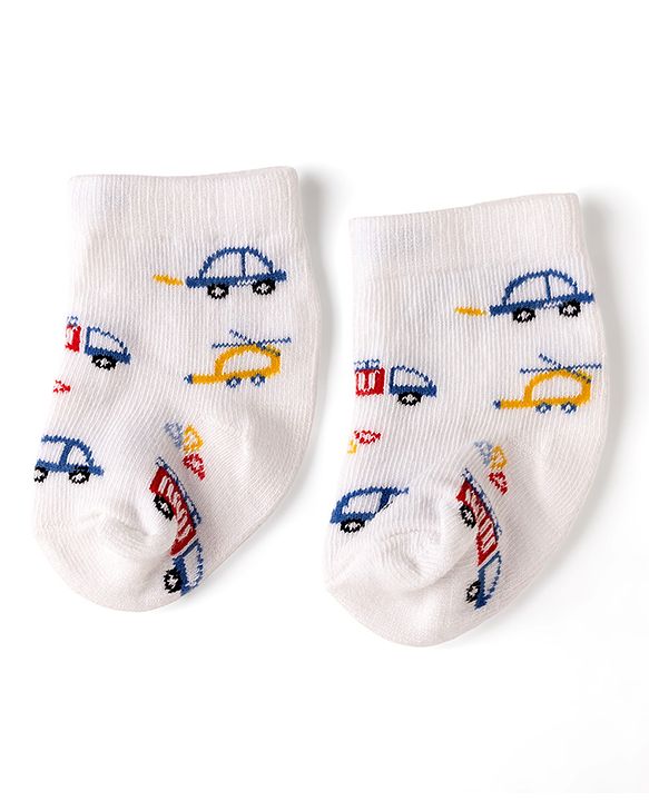 Cute Walk by Babyhug Non Terry Knit Anti-bacterial Ankle Length Striped Socks With Vehicle Design Pack of 3 - White & Black