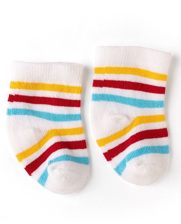 Cute Walk by Babyhug Non Terry Knit Anti-bacterial Ankle Length Striped Socks With Vehicle Design Pack of 3 - White & Black