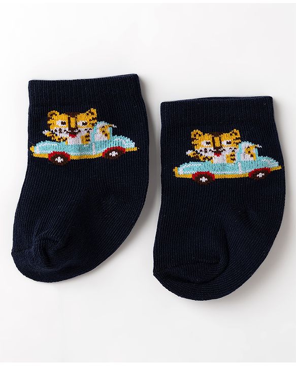 Cute Walk by Babyhug Non Terry Knit Anti-bacterial Ankle Length Striped Socks With Vehicle Design Pack of 3 - White & Black