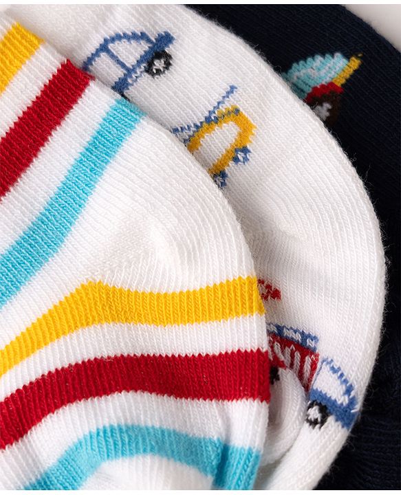 Cute Walk by Babyhug Non Terry Knit Anti-bacterial Ankle Length Striped Socks With Vehicle Design Pack of 3 - White & Black