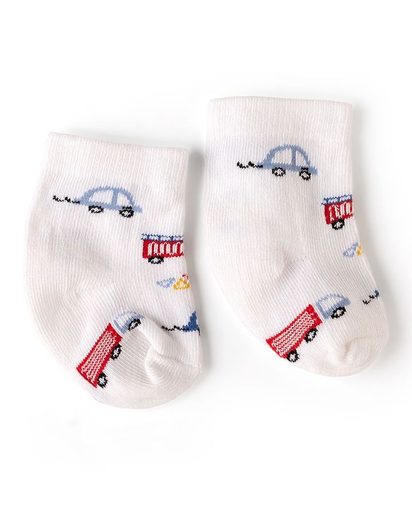 Cute Walk by Babyhug Non Terry Knit Anti-bacterial Ankle Length Striped Socks With Vehicle Design Pack of 3 - White & Black