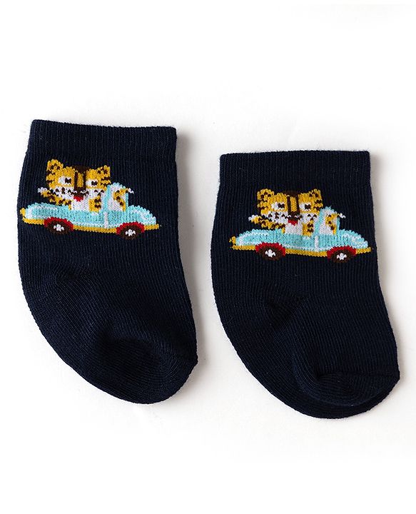 Cute Walk by Babyhug Non Terry Knit Anti-bacterial Ankle Length Striped Socks With Vehicle Design Pack of 3 - White & Black