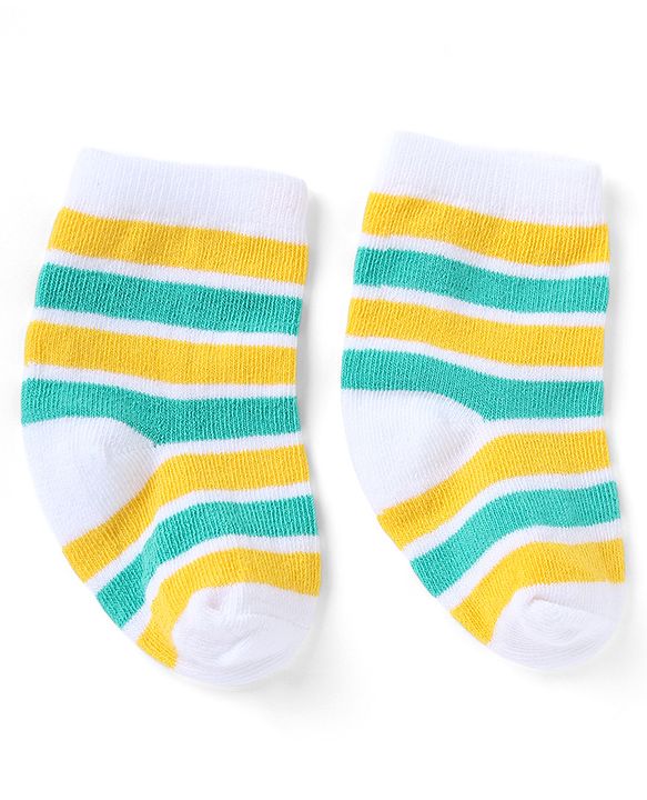 Cutewalk By Babyhug Knit Ankle Length Striped Antibacterial Socks With Animal Design Pack of 3 - Yellow Green White
