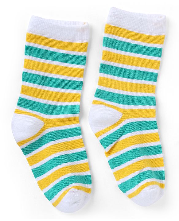 Cutewalk By Babyhug Knit Ankle Length Striped Antibacterial Socks With Animal Design Pack of 3 - Yellow Green White