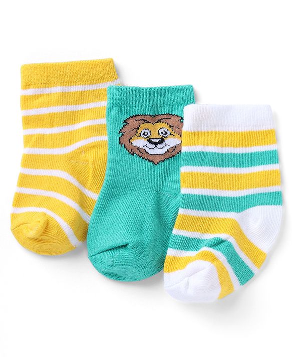 Cutewalk By Babyhug Knit Ankle Length Striped Antibacterial Socks With Animal Design Pack of 3 - Yellow Green White