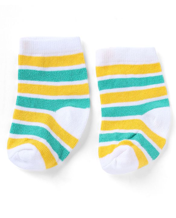 Cutewalk By Babyhug Knit Ankle Length Striped Antibacterial Socks With Animal Design Pack of 3 - Yellow Green White