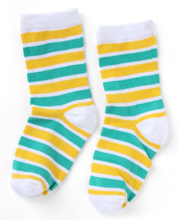 Cutewalk By Babyhug Knit Ankle Length Striped Antibacterial Socks With Animal Design Pack of 3 - Yellow Green White