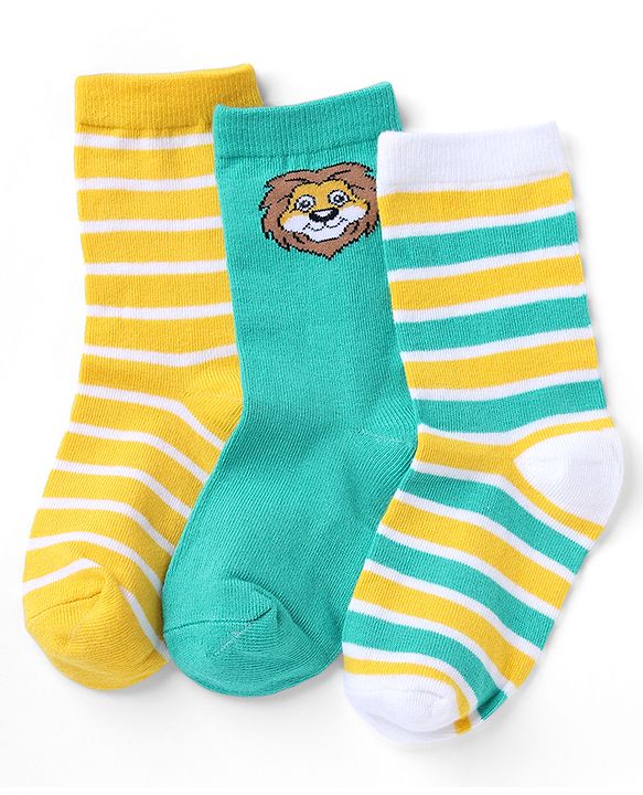 Cutewalk By Babyhug Knit Ankle Length Striped Antibacterial Socks With Animal Design Pack of 3 - Yellow Green White