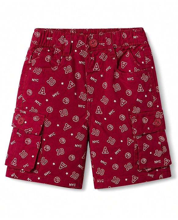 Babyhug Twill Woven Above Knee Length Text Printed Bermuda - Dark Red