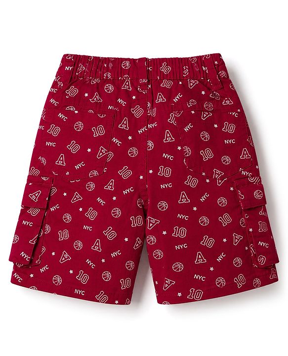 Babyhug Twill Woven Above Knee Length Text Printed Bermuda - Dark Red