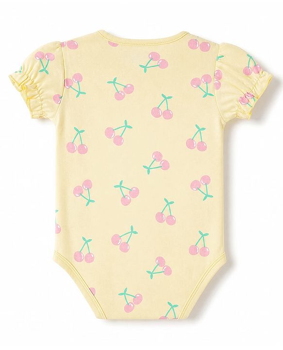 Babyhug 100% Cotton Interlock Knit Half Sleeves Onesies With Cherry Print & Cap- Yellow