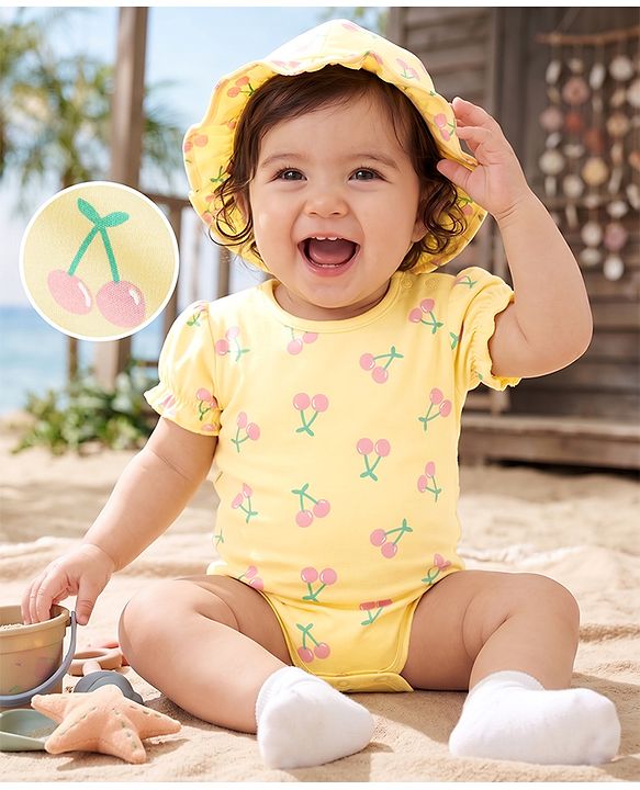 Babyhug 100% Cotton Interlock Knit Half Sleeves Onesies With Cherry Print & Cap- Yellow