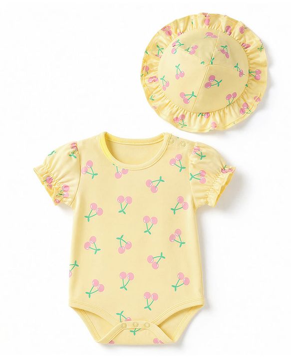 Babyhug 100% Cotton Interlock Knit Half Sleeves Onesies With Cherry Print & Cap- Yellow