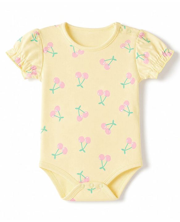 Babyhug 100% Cotton Interlock Knit Half Sleeves Onesies With Cherry Print & Cap- Yellow