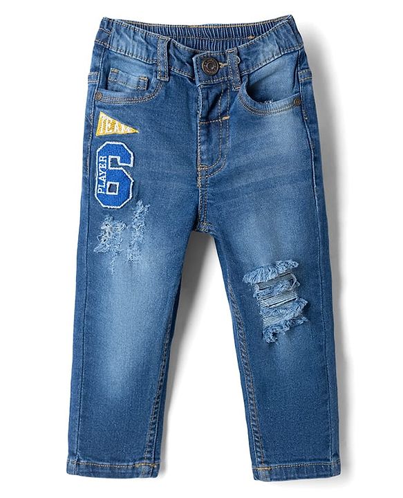 Babyhug Full Length Denim Jeans With Stretch & Patch - Blue
