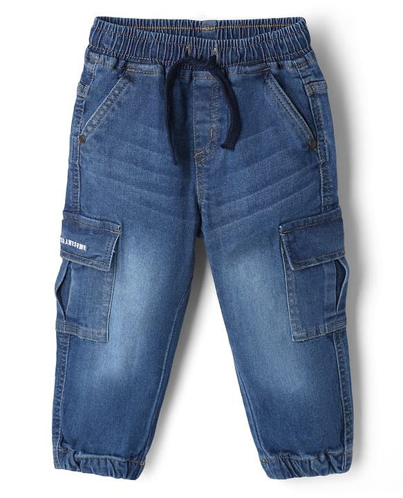 Babyhug Denim Full Length Washed Jeans with Stretch in Blue