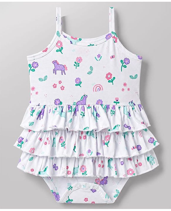 Babyhug 100% Cotton Single Jersey Knit Sleeveless Onesies With Floral Print - White