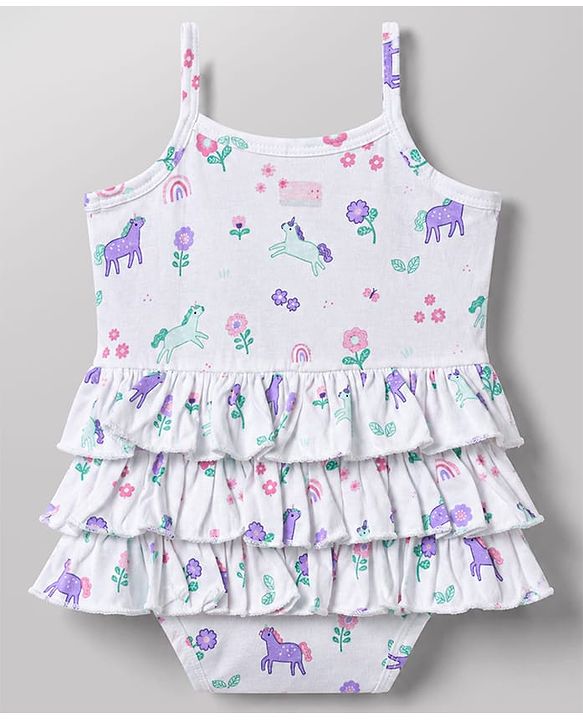 Babyhug 100% Cotton Single Jersey Knit Sleeveless Onesies With Floral Print - White