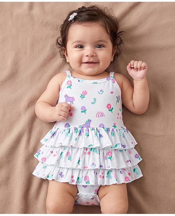 Babyhug 100% Cotton Single Jersey Knit Sleeveless Onesies With Floral Print - White