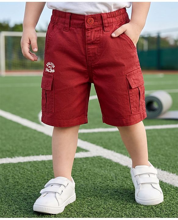 Babyhug Twill Woven Comfort Fit Above Knee Length Bermuda with Athletic Dept. of New York Embroidery in Maroon