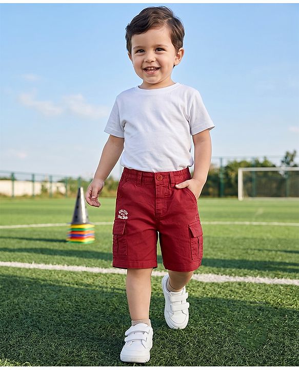 Babyhug Twill Woven Comfort Fit Above Knee Length Bermuda with Athletic Dept. of New York Embroidery in Maroon