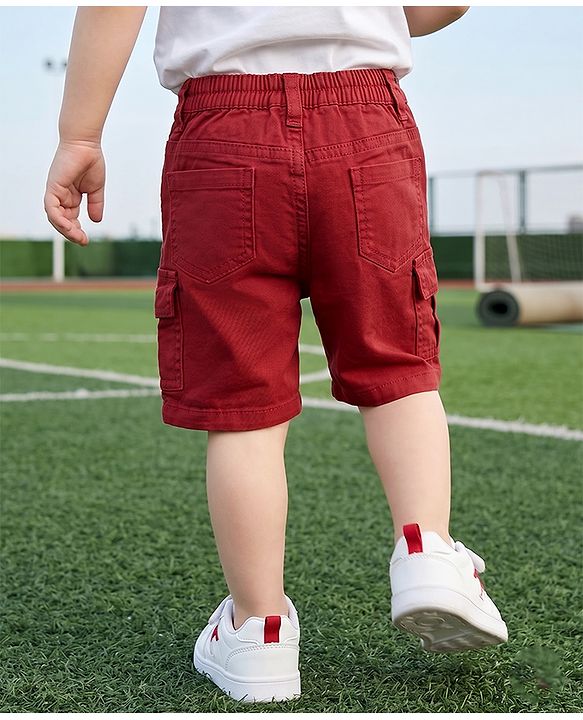 Babyhug Twill Woven Comfort Fit Above Knee Length Bermuda with Athletic Dept. of New York Embroidery in Maroon