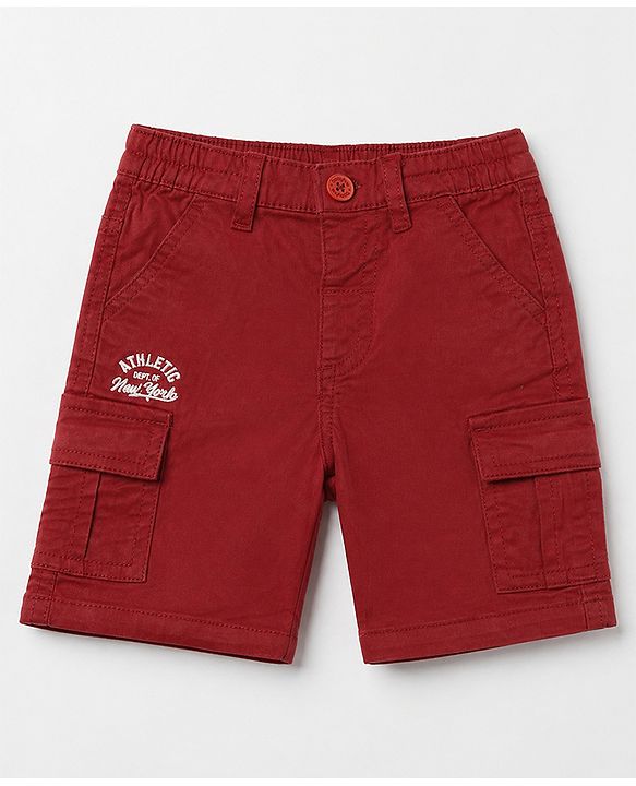 Babyhug Twill Woven Comfort Fit Above Knee Length Bermuda with Athletic Dept. of New York Embroidery in Maroon