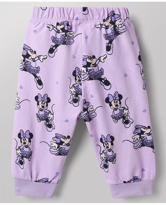 Babyhug Disney 100% Cotton Single Jersey Knit Full Sleeves Co-ord T-Shirt & Pajama Night Suit with Minnie Mouse Graphic & Hearts Print Pack of 2 - White & Lilac