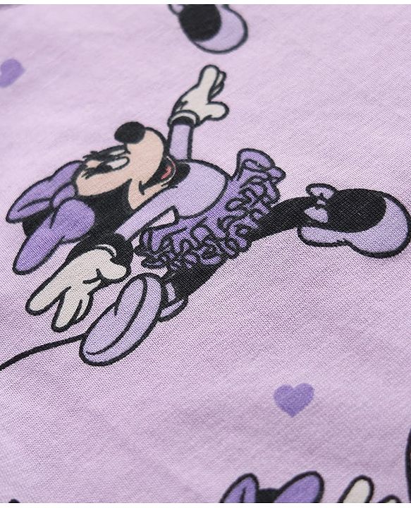 Babyhug Disney 100% Cotton Single Jersey Knit Full Sleeves Co-ord T-Shirt & Pajama Night Suit with Minnie Mouse Graphic & Hearts Print Pack of 2 - White & Lilac