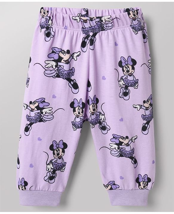 Babyhug Disney 100% Cotton Single Jersey Knit Full Sleeves Co-ord T-Shirt & Pajama Night Suit with Minnie Mouse Graphic & Hearts Print Pack of 2 - White & Lilac