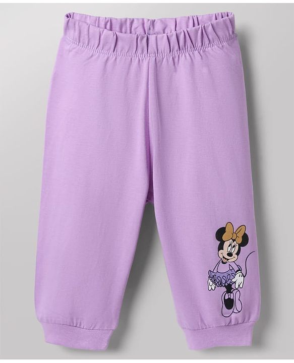 Babyhug Disney 100% Cotton Single Jersey Knit Full Sleeves Co-ord T-Shirt & Pajama Night Suit with Minnie Mouse Graphic & Hearts Print Pack of 2 - White & Lilac