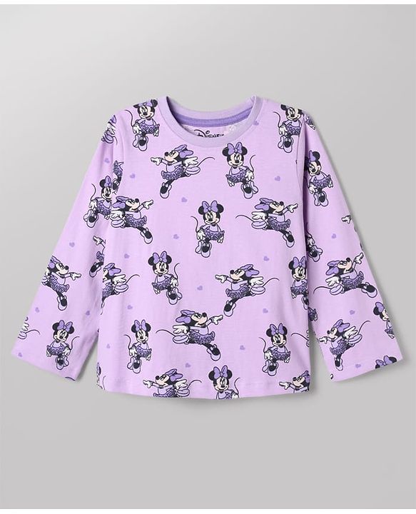 Babyhug Disney 100% Cotton Single Jersey Knit Full Sleeves Co-ord T-Shirt & Pajama Night Suit with Minnie Mouse Graphic & Hearts Print Pack of 2 - White & Lilac