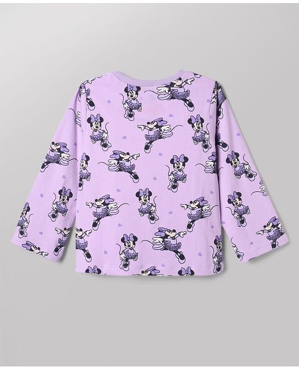 Babyhug Disney 100% Cotton Single Jersey Knit Full Sleeves Co-ord T-Shirt & Pajama Night Suit with Minnie Mouse Graphic & Hearts Print Pack of 2 - White & Lilac