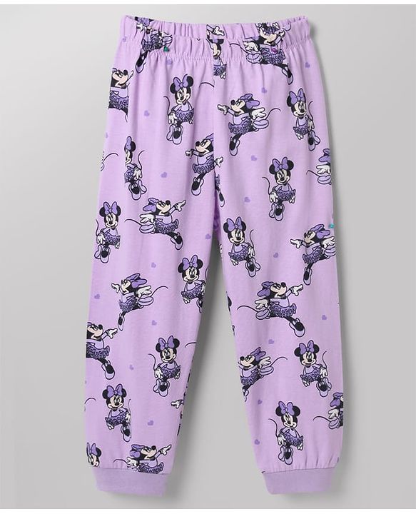 Babyhug Disney 100% Cotton Single Jersey Knit Full Sleeves Co-ord T-Shirt & Pajama Night Suit with Minnie Mouse Graphic & Hearts Print Pack of 2 - White & Lilac
