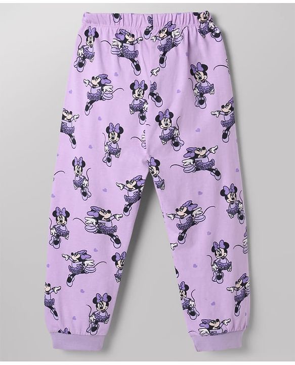 Babyhug Disney 100% Cotton Single Jersey Knit Full Sleeves Co-ord T-Shirt & Pajama Night Suit with Minnie Mouse Graphic & Hearts Print Pack of 2 - White & Lilac