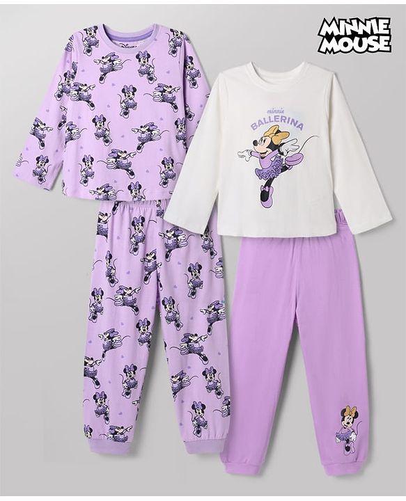 Babyhug Disney 100% Cotton Single Jersey Knit Full Sleeves Co-ord T-Shirt & Pajama Night Suit with Minnie Mouse Graphic & Hearts Print Pack of 2 - White & Lilac