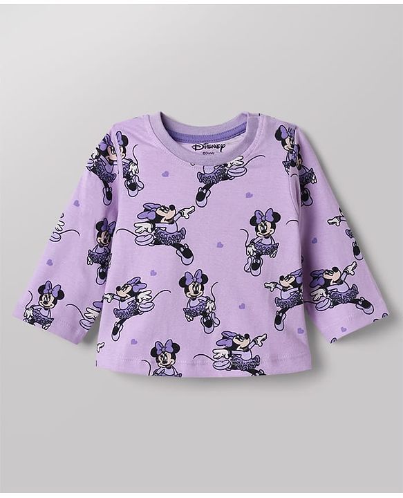 Babyhug Disney 100% Cotton Single Jersey Knit Full Sleeves Co-ord T-Shirt & Pajama Night Suit with Minnie Mouse Graphic & Hearts Print Pack of 2 - White & Lilac