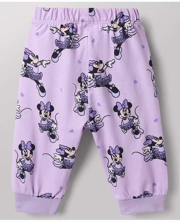 Babyhug Disney 100% Cotton Single Jersey Knit Full Sleeves Co-ord T-Shirt & Pajama Night Suit with Minnie Mouse Graphic & Hearts Print Pack of 2 - White & Lilac