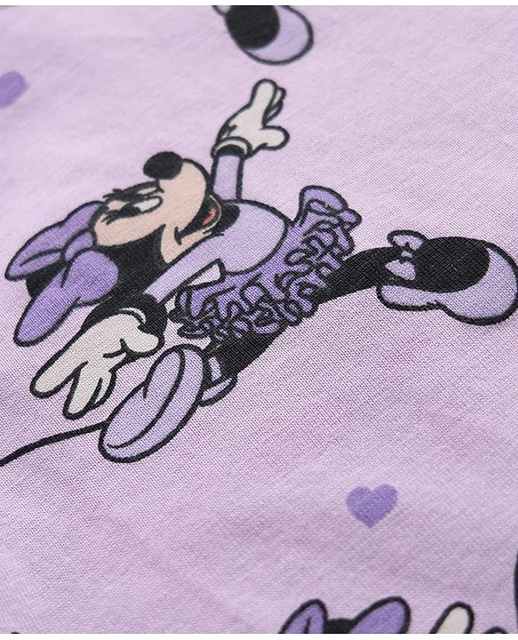 Babyhug Disney 100% Cotton Single Jersey Knit Full Sleeves Co-ord T-Shirt & Pajama Night Suit with Minnie Mouse Graphic & Hearts Print Pack of 2 - White & Lilac