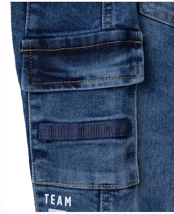 Babyhug Denim Full Length Joggers with Team Player Print in Blue for 9-12 Months