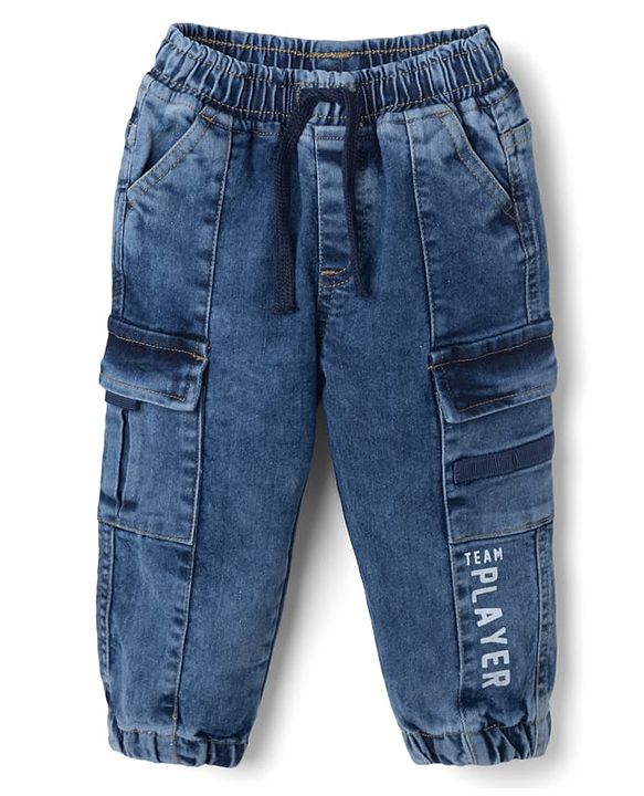 Babyhug Denim Full Length Joggers with Team Player Print in Blue for 9-12 Months