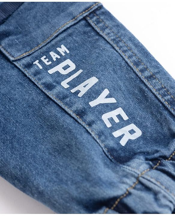 Babyhug Denim Full Length Joggers with Team Player Print in Blue for 9-12 Months