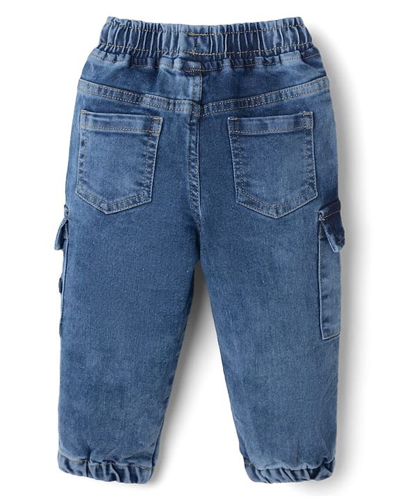 Babyhug Denim Full Length Joggers with Team Player Print in Blue for 9-12 Months