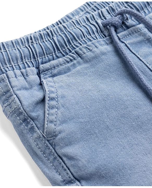 Babyhug Full Length Washed Denim Joggers with Stretch and Cargo Pockets - Blue