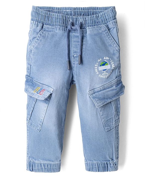 Babyhug Full Length Washed Denim Joggers with Stretch and Cargo Pockets - Blue